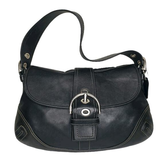 Vintage Soho Top Flap Coach F10192 MEDIUM Y2K Black Leather Shoulder Bag - Picture 1 of 16